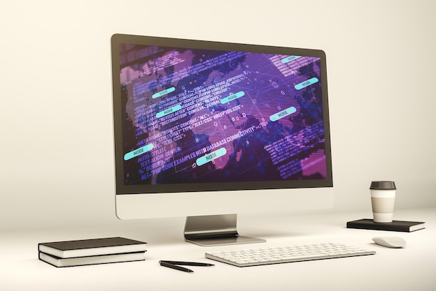 Modern computer display with abstract programming language hologram and world map artificial intelligence and neural networks concept 3D Rendering