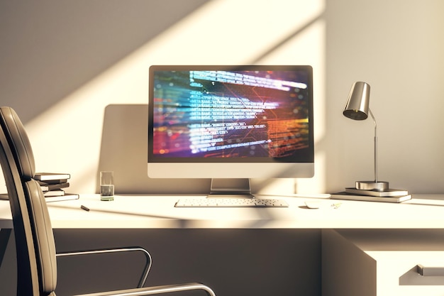Modern computer display with abstract programming language hologram artificial intelligence and machine learning concept 3D Rendering