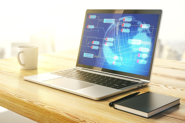 Modern computer display with abstract software development hologram and world map global research and analytics concept 3D Rendering