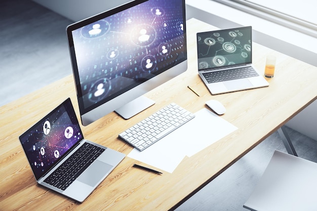 modern computer display with social network icons concept networking concept 3d rendering