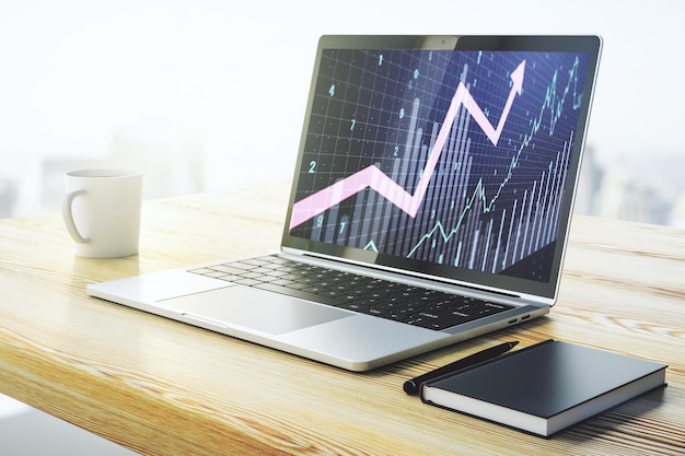 Modern computer monitor with abstract creative financial chart and upward research and strategy concept 3D Rendering