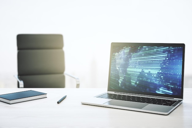 modern computer monitor with abstract digital world map research and strategy concept 3d rendering