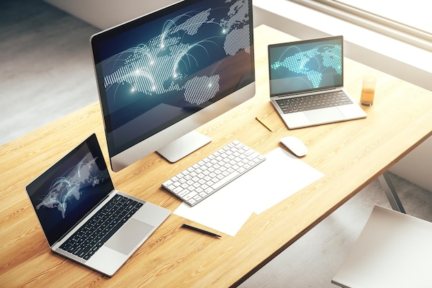 Modern computer monitor with abstract digital world map with connections research and strategy concept 3D Rendering