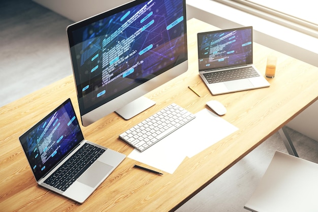 Modern computer monitor with abstract programming language research and development concept 3D Rendering
