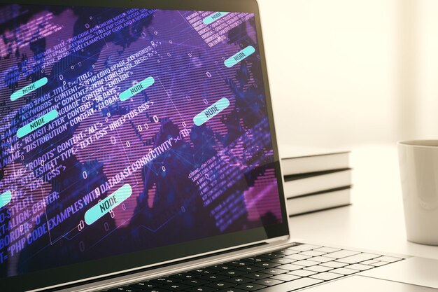 Modern computer monitor with abstract programming language with world map research and development concept 3D Rendering