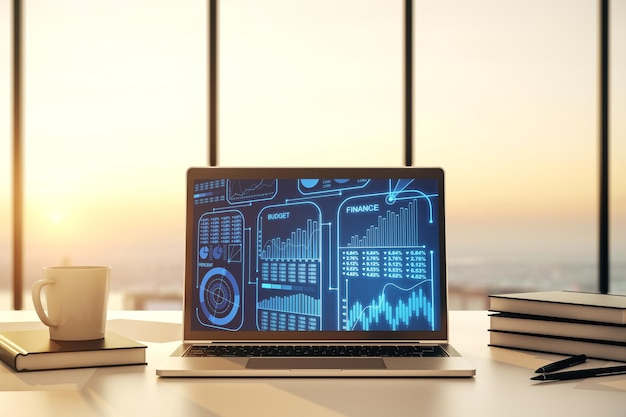 Modern computer monitor with abstract statistics data hologram interface computing and analytics concept 3D Rendering