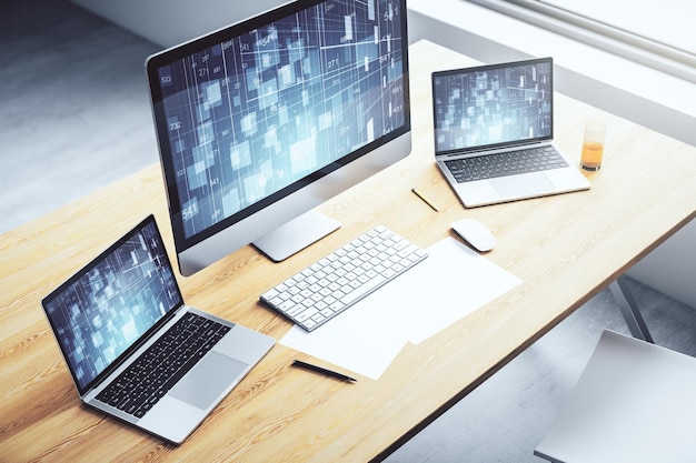 Modern computer monitor with abstract statistics data hologram interface computing and analytics concept 3D Rendering