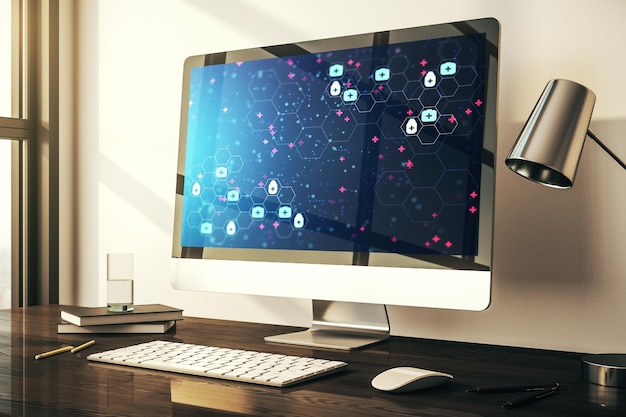 Modern computer monitor with creative abstract medical hologram Healthcare technolody concept 3D Rendering