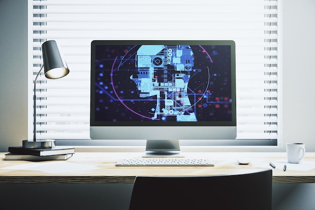 Modern computer monitor with creative artificial Intelligence symbol Neural networks and machine learning concept 3D Rendering