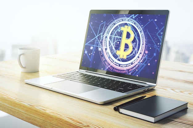 Modern computer monitor with creative Bitcoin symbol Cryptocurrency concept 3D Rendering