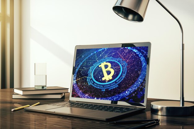 Modern computer monitor with creative Bitcoin symbol Cryptocurrency concept 3D Rendering