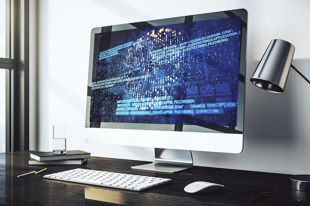 modern computer monitor with creative code skull hologram malware and cyber crime concept 3d rendering
