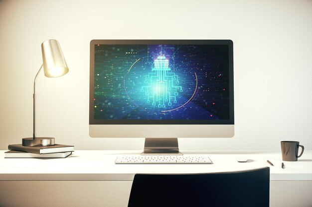 Modern computer monitor with creative light bulb hologram and chip on laptop background idea and brainstorming concept 3D Rendering