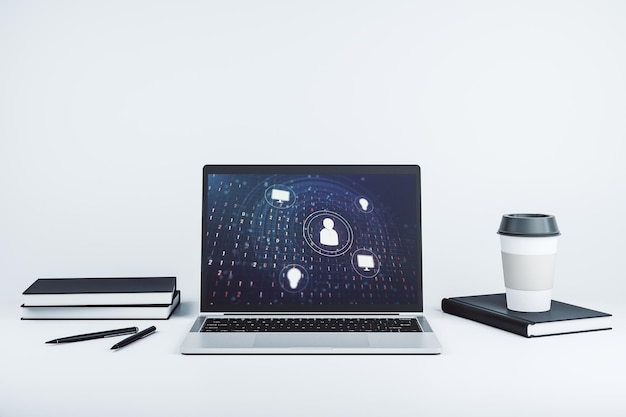 modern computer monitor with social network icons concept marketing and promotion concept 3d rendering