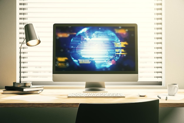 Modern computer screen with abstract creative coding sketch and world map artificial intelligence and neural networks concept 3D Rendering
