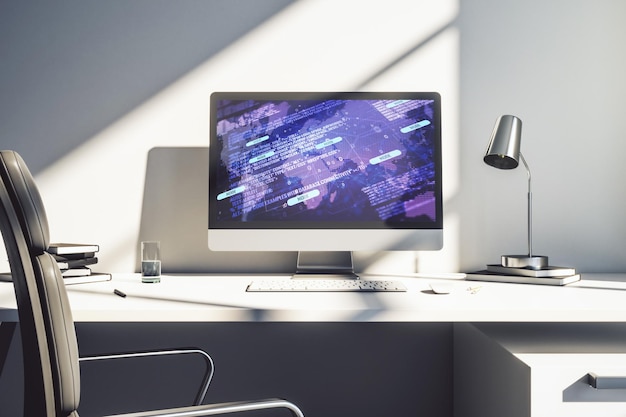 Modern computer screen with abstract creative coding sketch and world map artificial intelligence and neural networks concept 3D Rendering