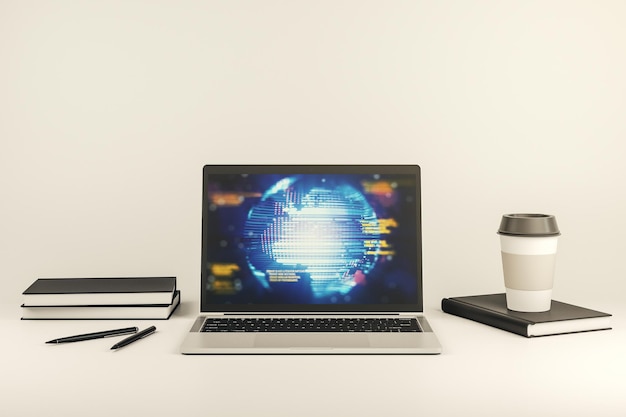 Modern computer screen with abstract creative coding sketch and world map artificial intelligence and neural networks concept 3D Rendering