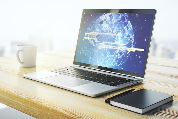 Modern computer screen with abstract creative coding sketch and world map artificial intelligence and neural networks concept 3D Rendering