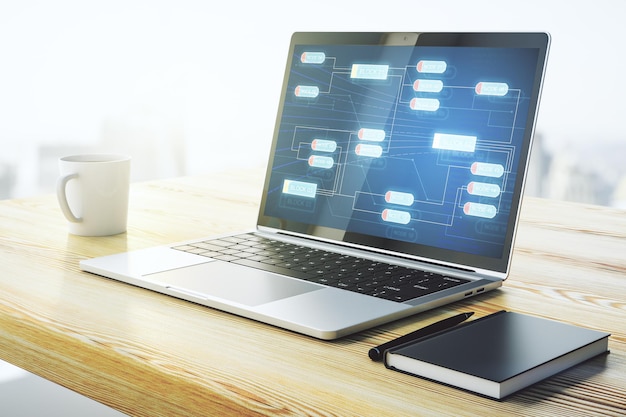 Modern computer screen with abstract creative coding sketch artificial intelligence and neural networks concept 3D Rendering