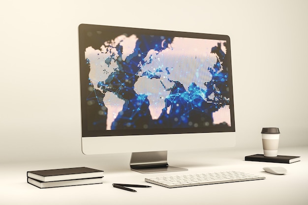 Modern computer screen with abstract creative digital world map research and analytics concept 3D Rendering