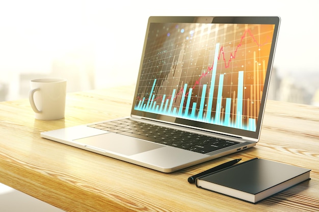 Modern computer screen with abstract creative financial chart research and analytics concept 3D Rendering