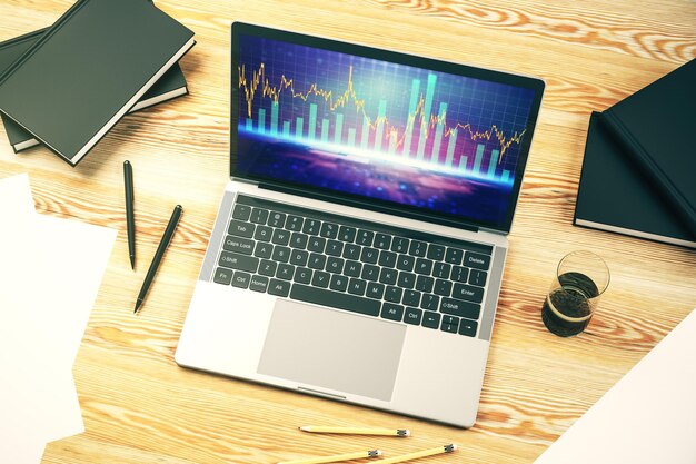 Modern computer screen with abstract financial diagram banking and accounting concept 3D Rendering