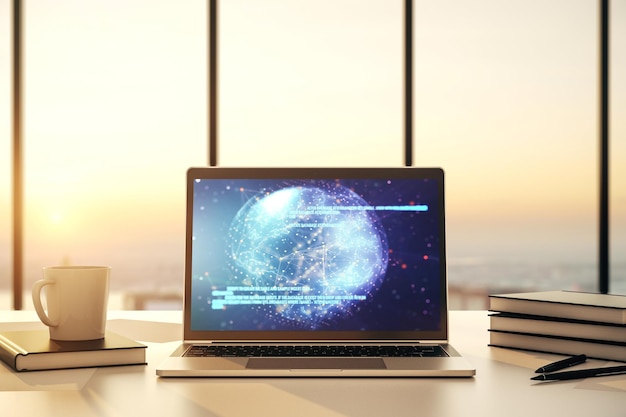 Modern computer screen with abstract graphic coding sketch and world map big data and networking concept 3D Rendering