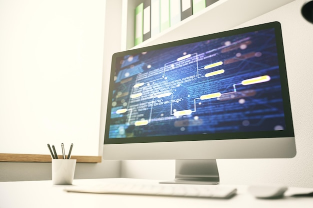 Modern computer screen with abstract graphic coding sketch big data and networking concept 3D Rendering