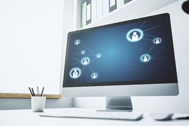 Modern computer screen with social network media concept. 3D Rendering