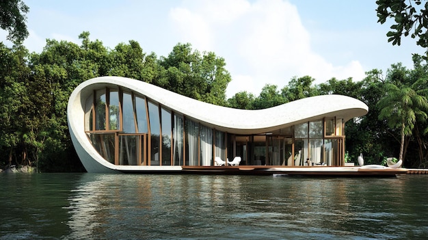 modern curved house on water
