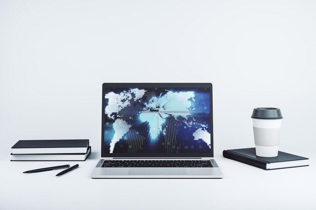 Modern datorskärm med abstrakt kreativ digital världskarta, forskning och analyskoncept 3D-rendering