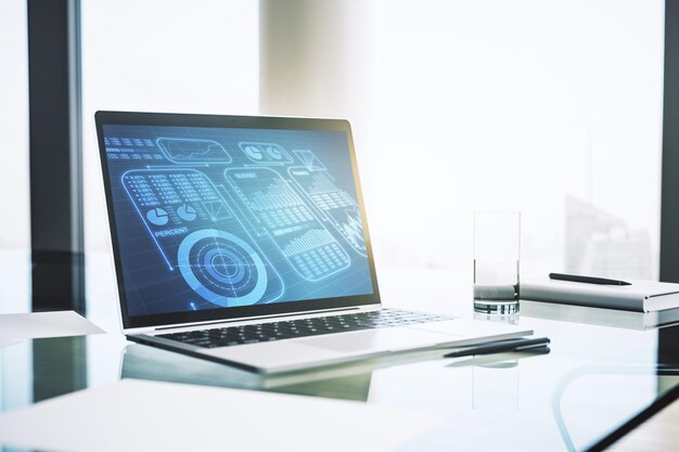 Modern datorskärm med abstrakt kreativt statistikdatahologram, statistik- och analyskoncept, 3D-rendering