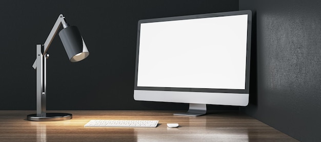 modern designer wooden desktop with empty white mock up computer monitor lamp and keyboard 3d rendering