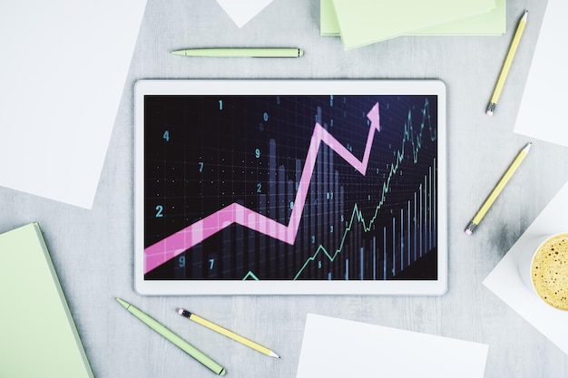 Modern digital tablet monitor with abstract creative financial chart and upward research and strategy concept Top view 3D Rendering