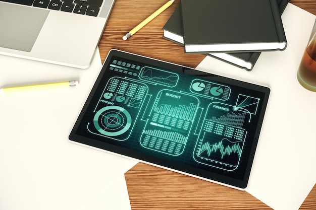 modern digital tablet monitor with abstract statistics data hologram interface computing and analytics concept top view 3d rendering