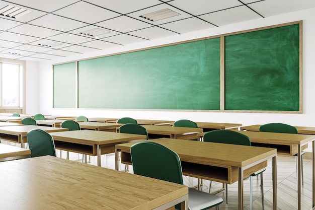 modern empty classroom with wooden tables and green chalkboard 3d rendering