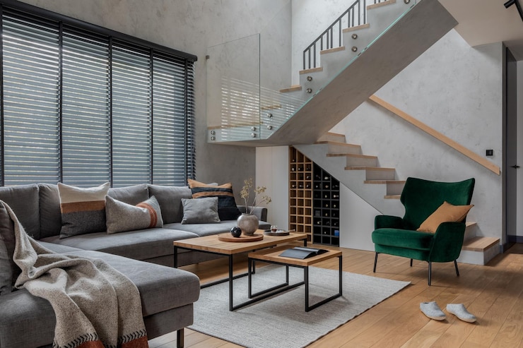 Foto modern living room interior design grey corner sofa velvet armchair coffee table and minimalist personal accessories stairs in living room interior concrete walls template