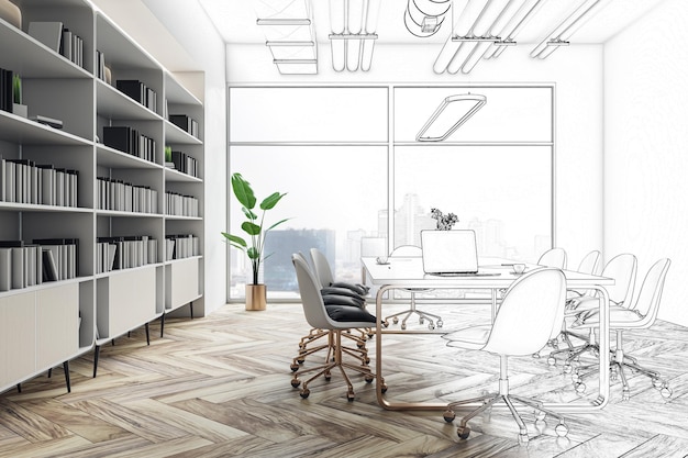 Modern meeting room interior design sketch with stylish conference table with modern laptop on wooden floor light big full bookshelf and city view background from panoramic window 3D rendering