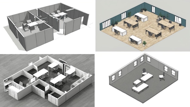 Modern office space layout with versatile furniture for collaboration