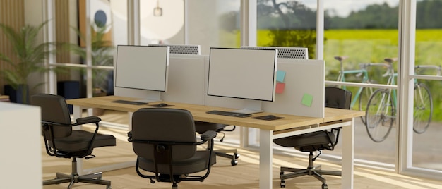 Modern office workplace studio with pc computer mockup on wood table