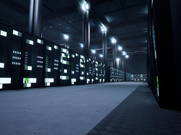 Modern server room with online storage and multiple racks, digital hardware infrastructure and neural network. Big data center used for cloud computing and AI revolution. 3d render animation.