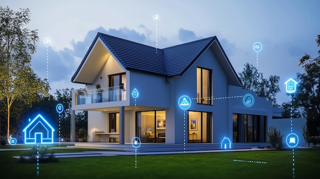 Modern smart home illuminated at dusk with digital connectivity symbols surrounding the property