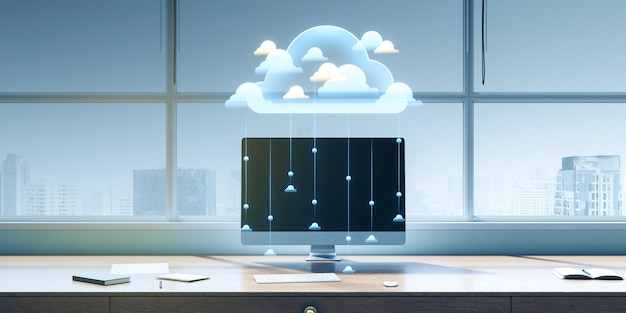 Modern workplace with computer other objects and creative cloud computing hologram with transferring files on blurry backdrop Cloud server and big data concept 3D Rendering