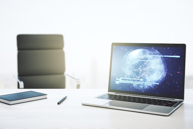 Moderne computerskærm med abstrakt softwareudviklingshologram og verdenskort globalt forsknings- og analysekoncept 3D Gengivelse