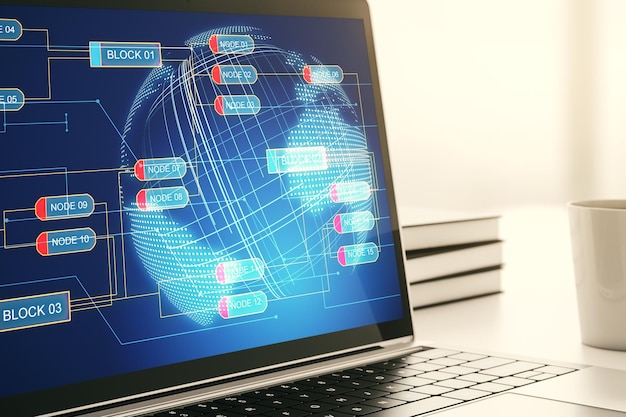 Moderne computerskærm med abstrakt softwareudviklingshologram og verdenskort globalt forsknings- og analysekoncept 3D Gengivelse
