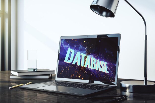 Moderne computerskærm med kreativt databaseordshologram, forsknings- og udviklingskoncept 3D-gengivelse