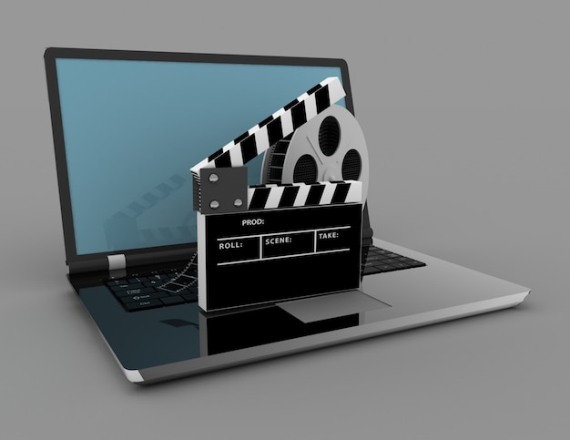 Movie clapper on a laptop isolated on white background. 3d illustration