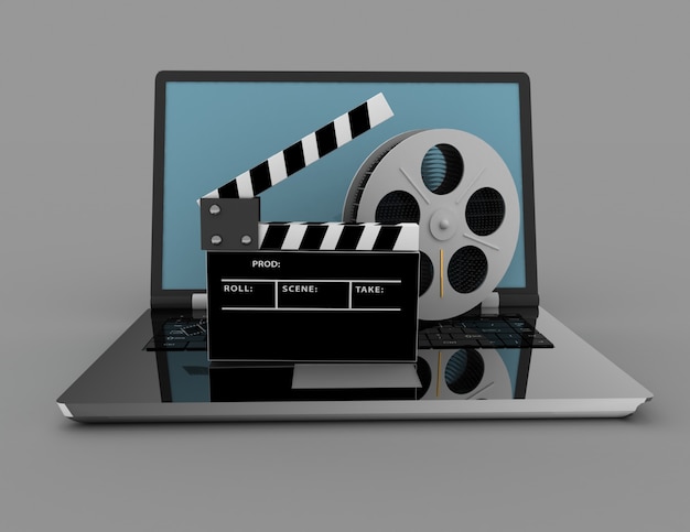 Movie clapper on a laptop isolated on white background. 3d illustration