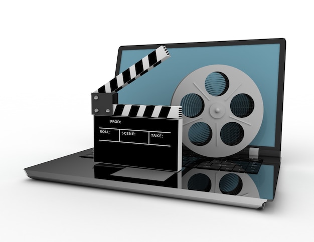 Movie clapper on a laptop isolated on white background. 3d illustration