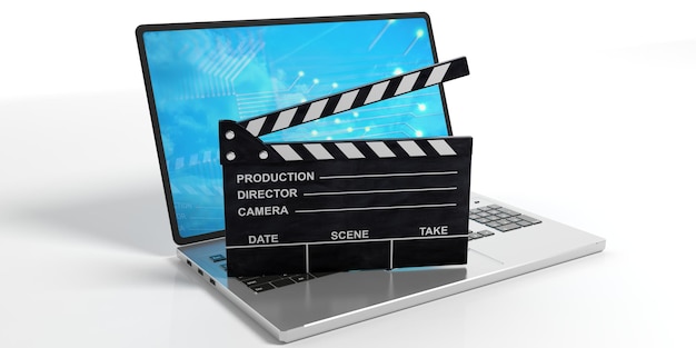 Movie clapper on a laptop white background 3d illustration
